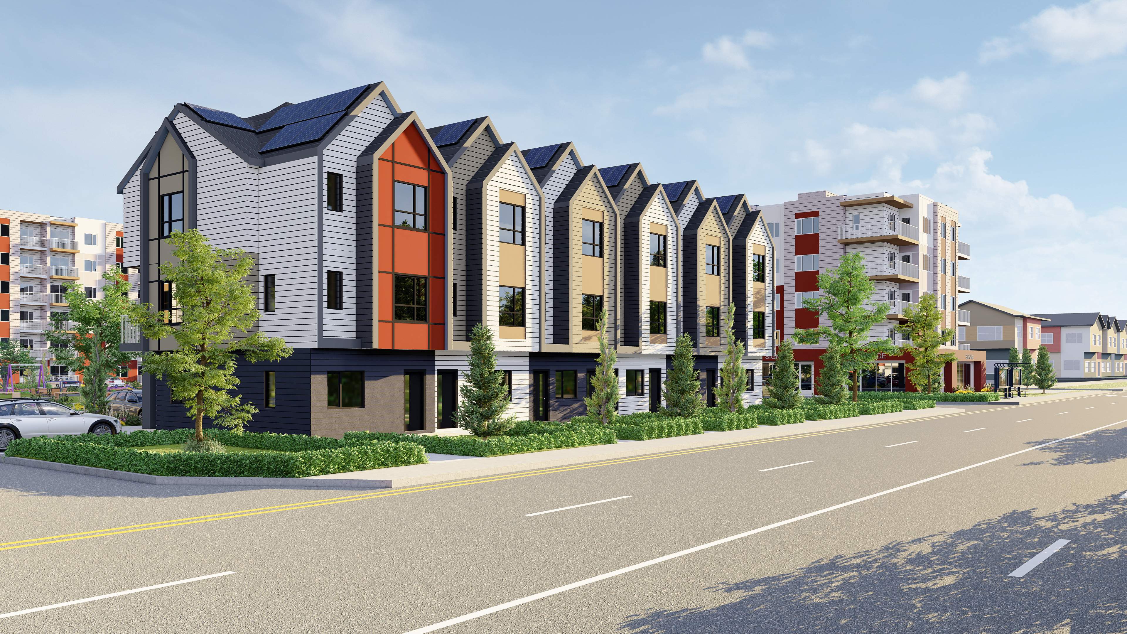 Modern colorful townhouses with sawtooth rooflines in Blue Quill community